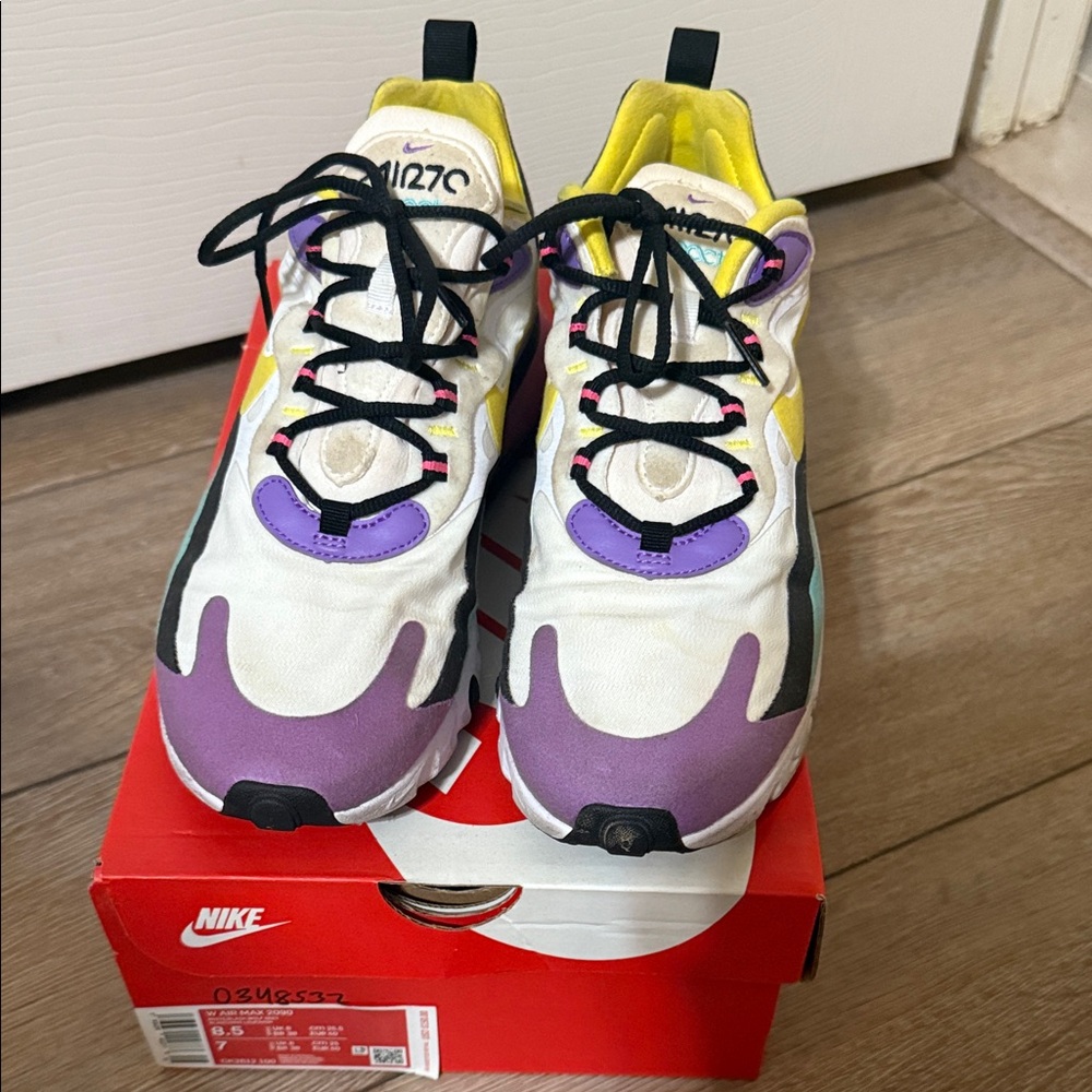 Nike Air Max 270 React in White, Purple, and Yellow